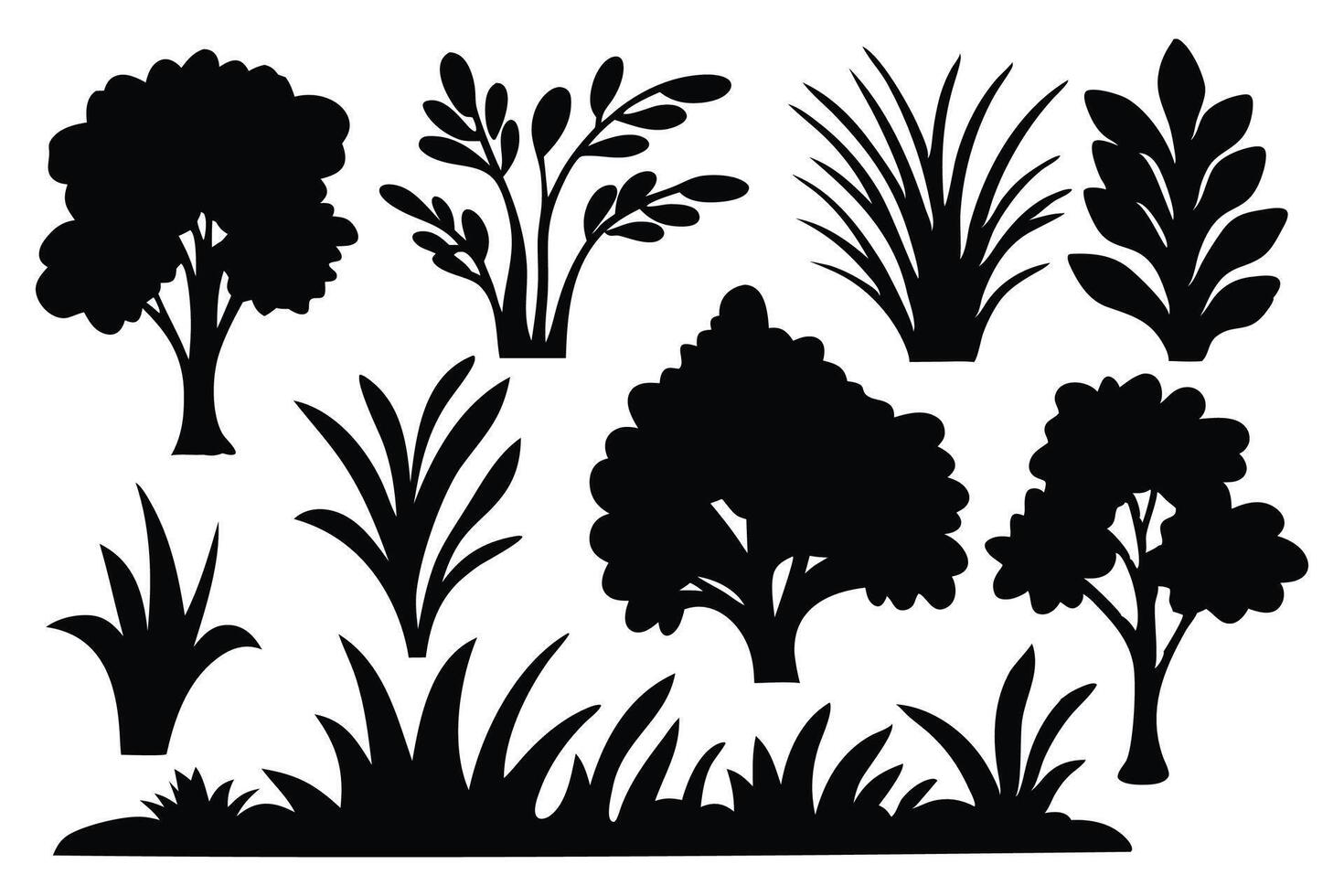 Bush grass shrub silhouettes set isolated flat illustration on white background. vector