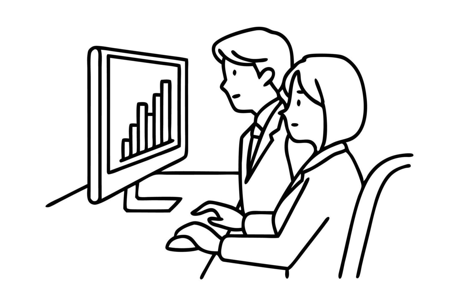 Two young serious male and female worker watching sales chart on computer screen. Sales growth business concept Hand Drawn Continuous Line art flat illustration vector