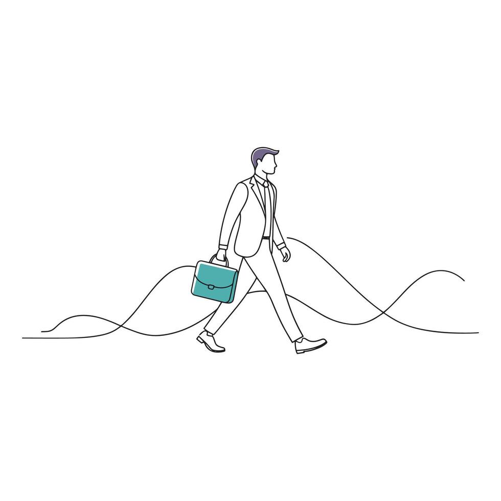 A businessman in a suit walks confidently with a briefcase against a transparent background Doodle Continuous line art flat illustration vector