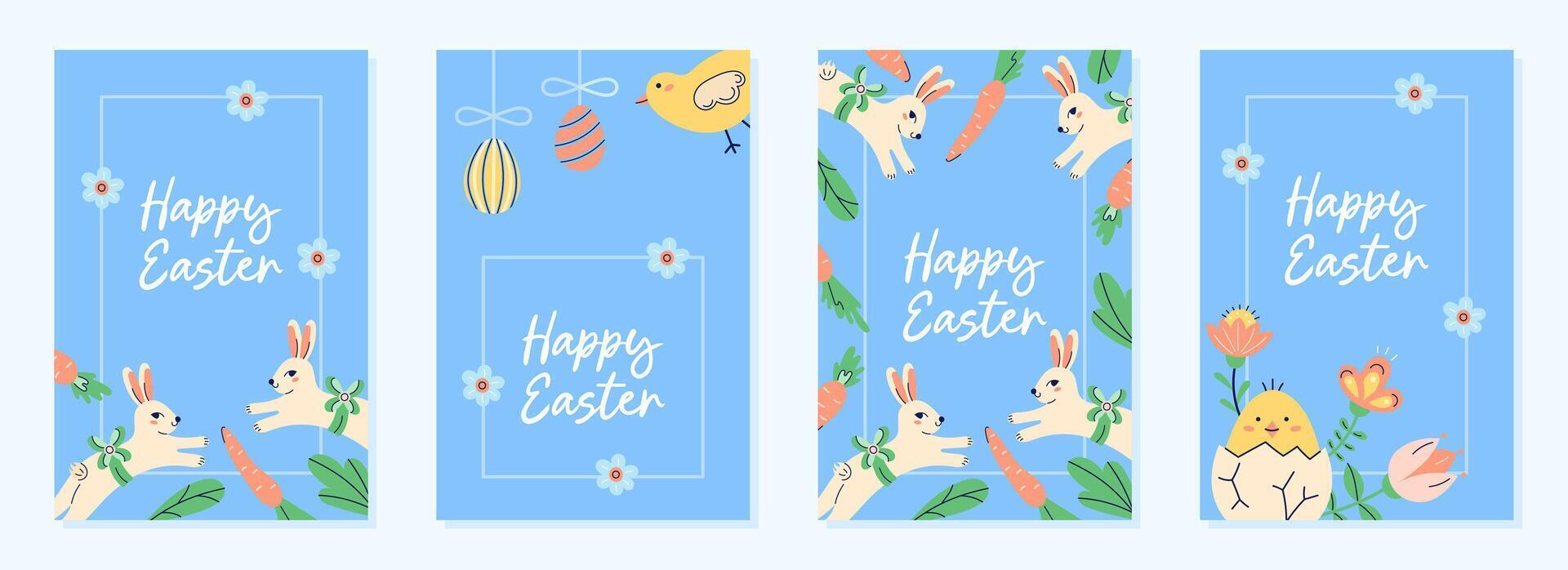 Cute posters collection With Bunnies and chicken for Happy Easter holiday. Design with flowers, carrots and text on blue background. Happy Easter hand drawn card. Flat illustration with partial outline. illustration. vector