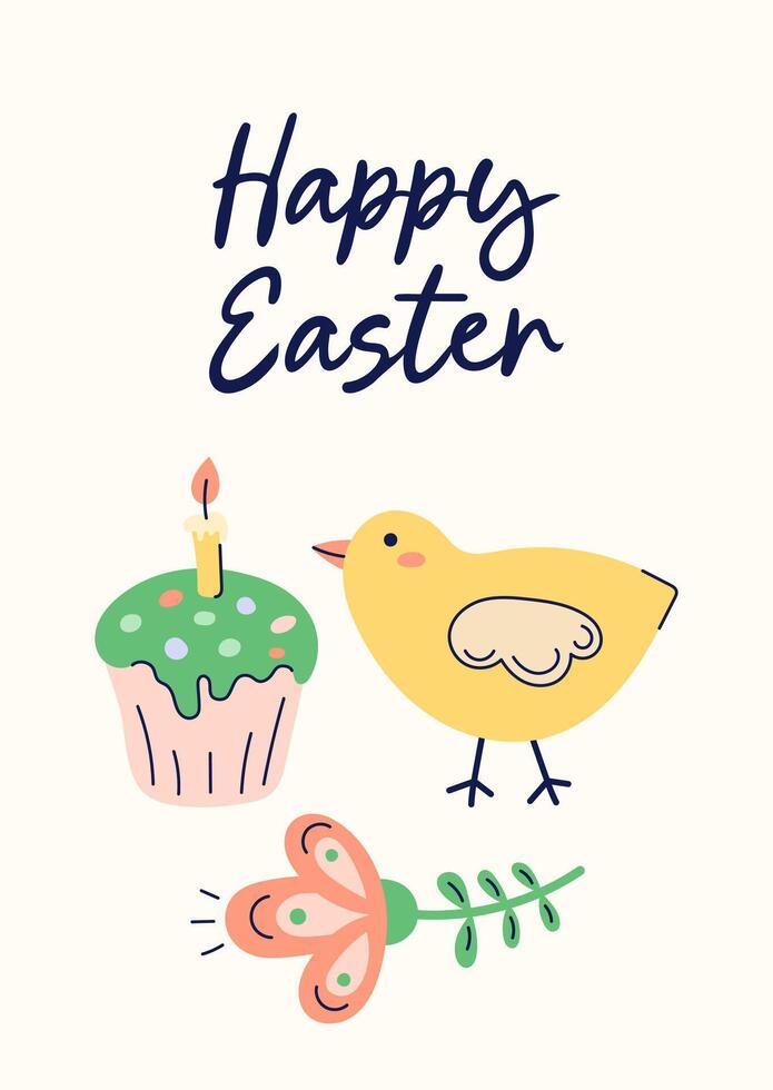 Happy Easter simple card with chicken, kulich and flower. Design with text on light beige background. Happy Easter hand drawn card. Flat illustration with partial outline. illustration. vector