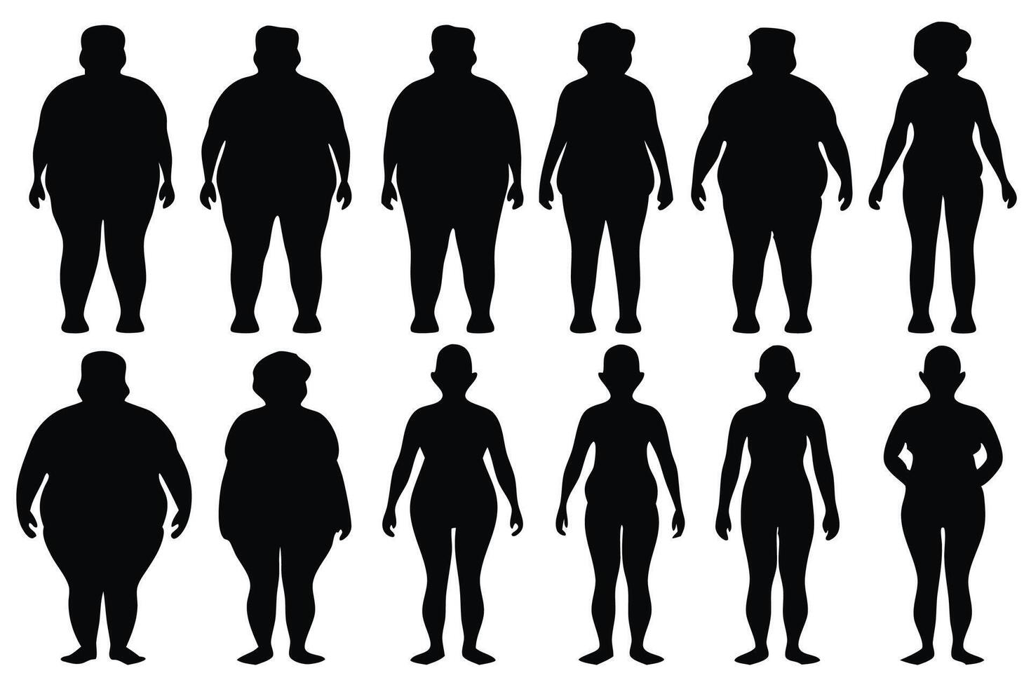 Overweight people silhouettes set isolated flat illustration on white background vector