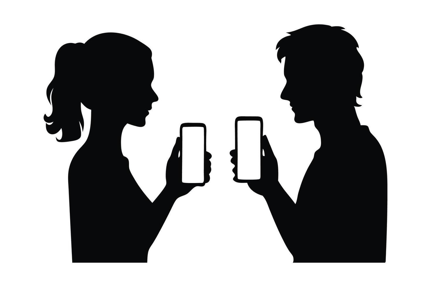 Young woman and man hold smartphone silhouettes set isolated flat illustration on white background. vector