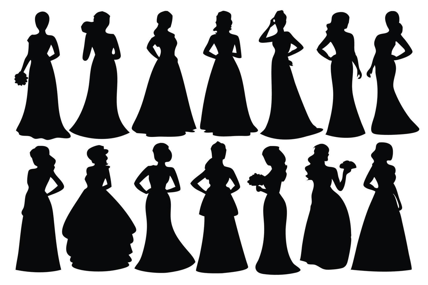 Bride silhouettes set isolated flat illustration on white background. vector
