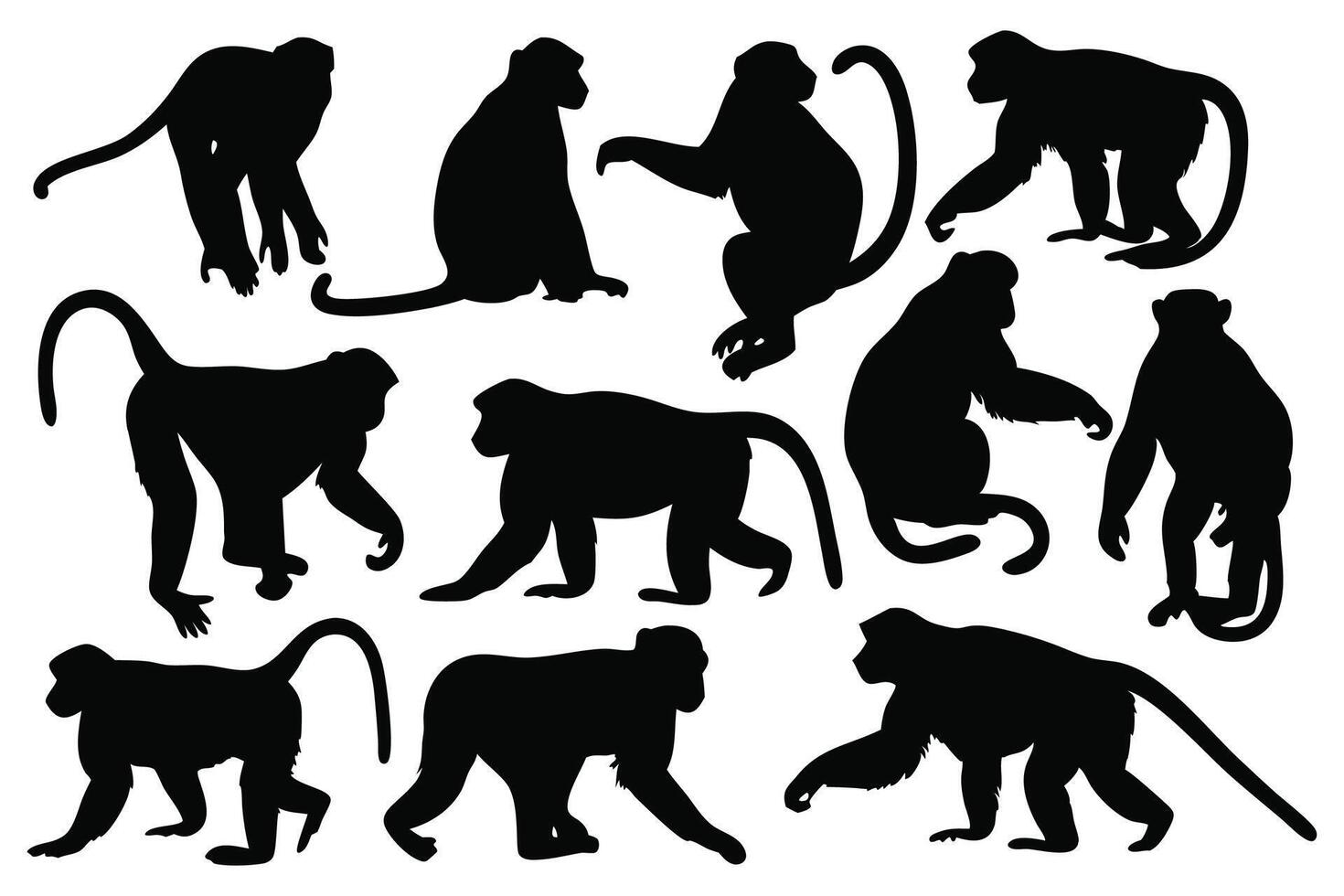 Monkey silhouettes set isolated flat illustration on white background. vector