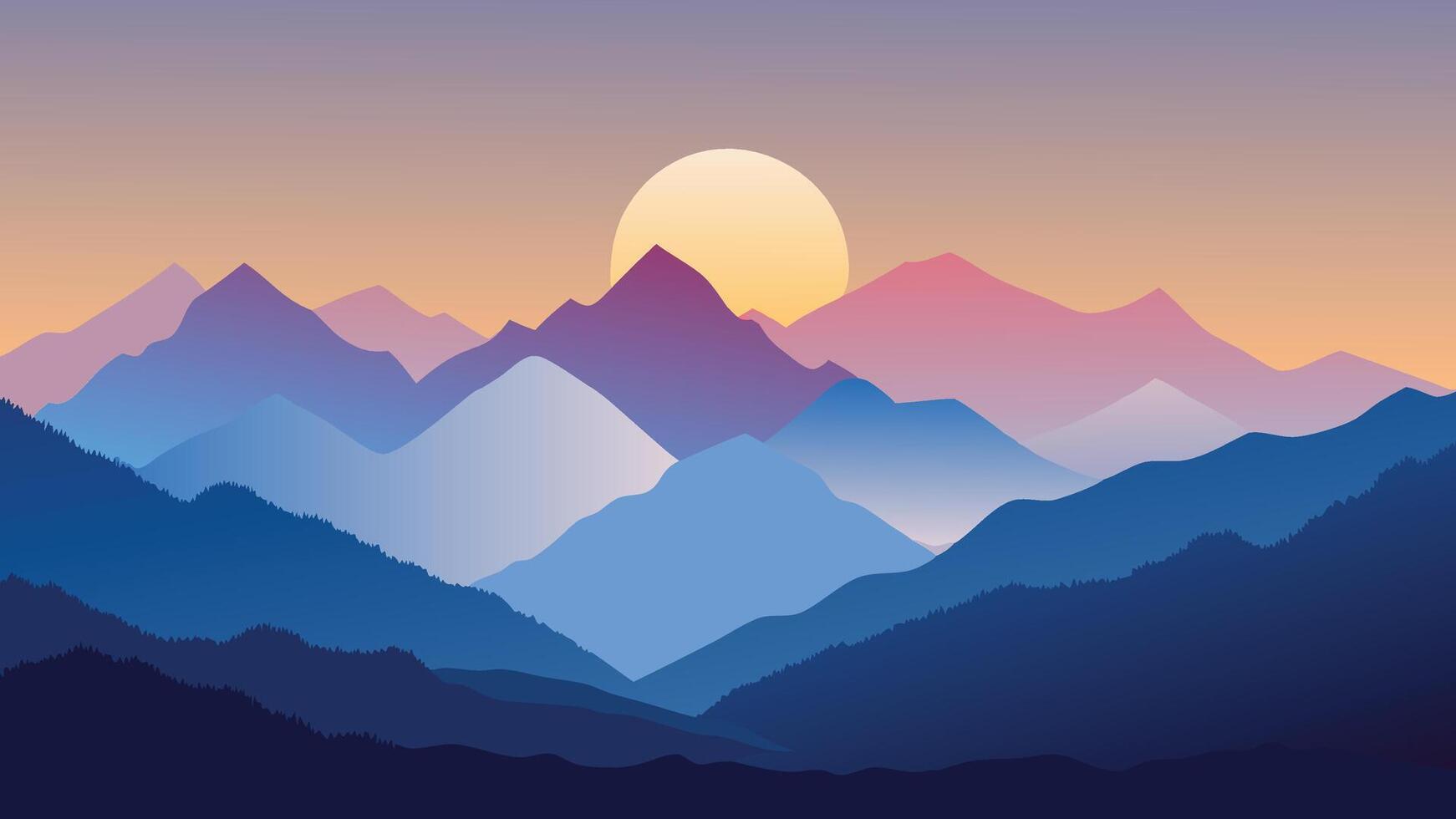 Sunrise over misty mountains showcasing the beauty of nature with fog enveloping the peaks nature flat illustration. vector