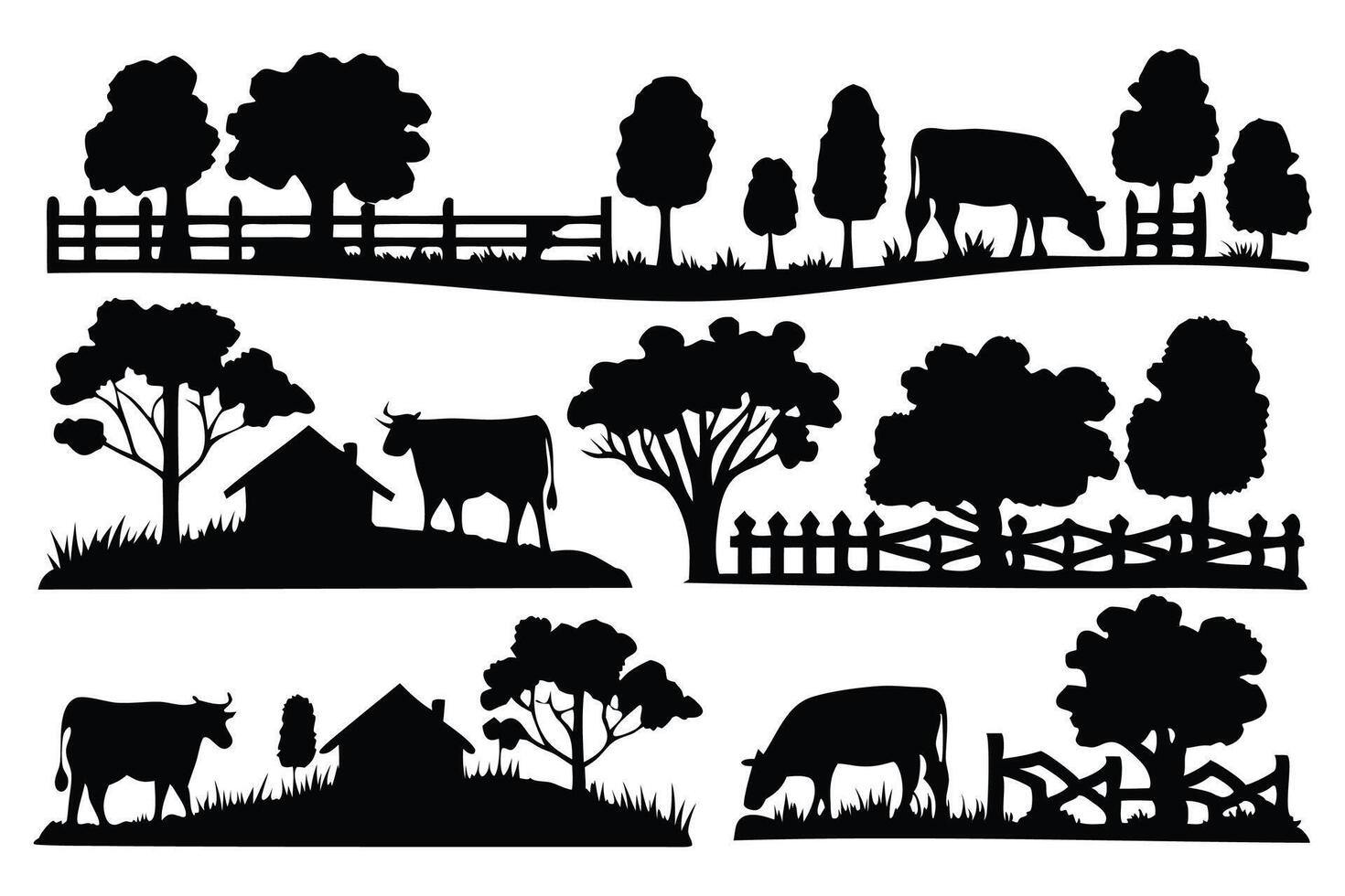 Cow farm silhouettes set isolated flat illustration on white background vector
