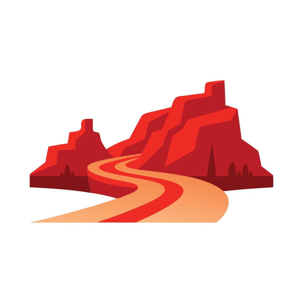 Red rock canyon with a curving dirt road isolated flat illustration on white background. vector