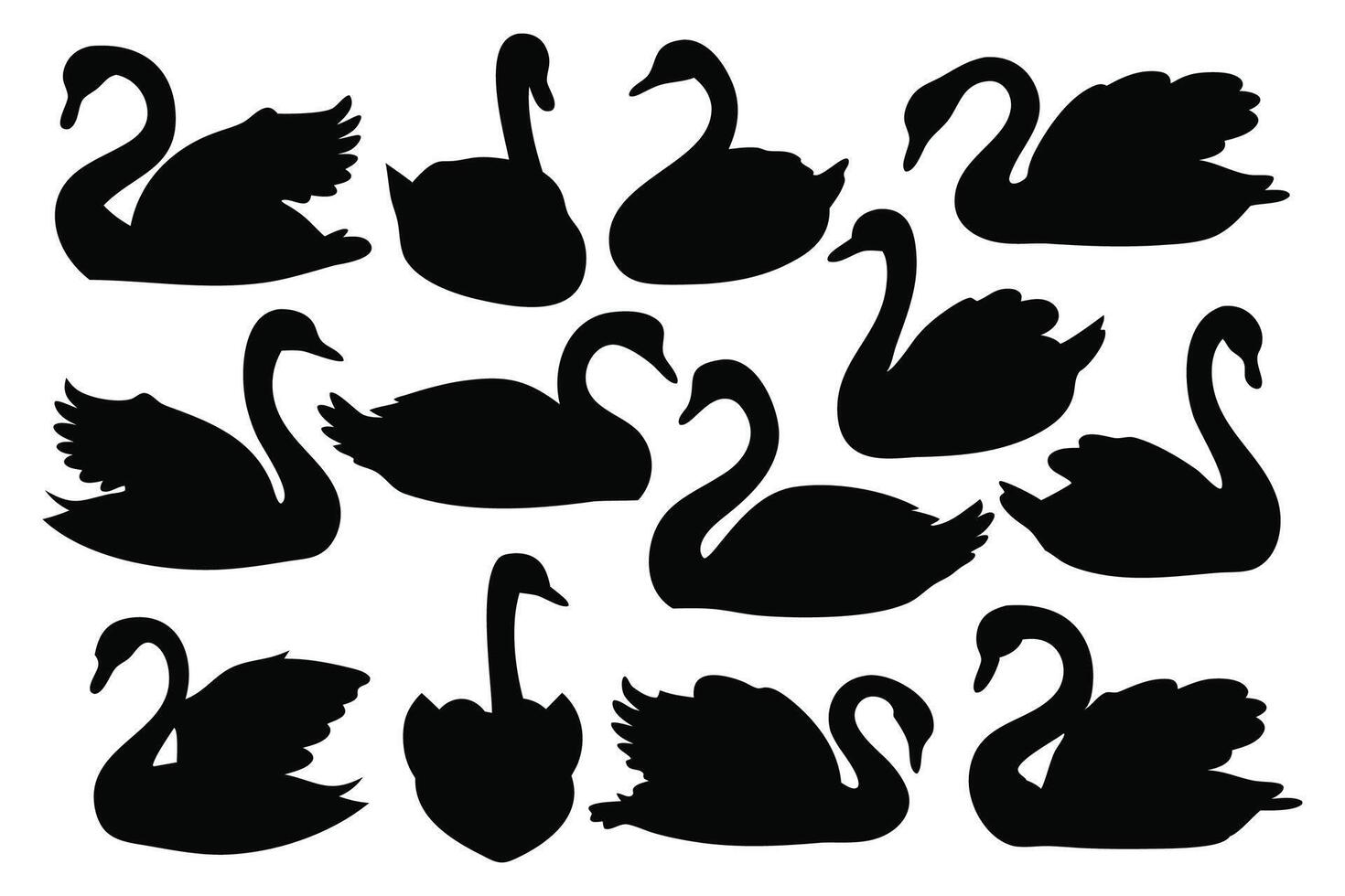 Swan silhouettes set isolated flat illustration on white background. vector