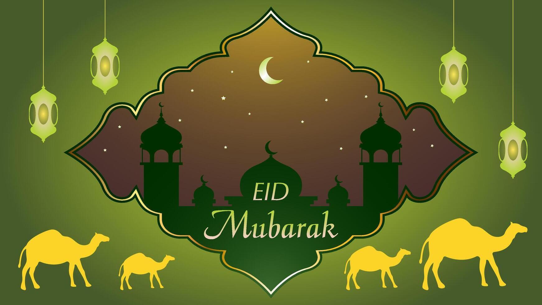 Eid Al Fitr islamic greetings eid mubarak card design with beautiful Mosque silhouette, camel, Lantern vector