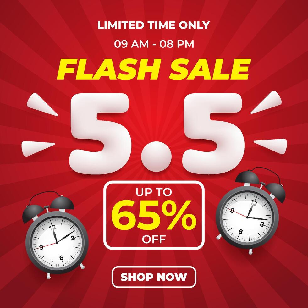 5.5 flash sale banner design with 3d ornament on red background for social media post vector
