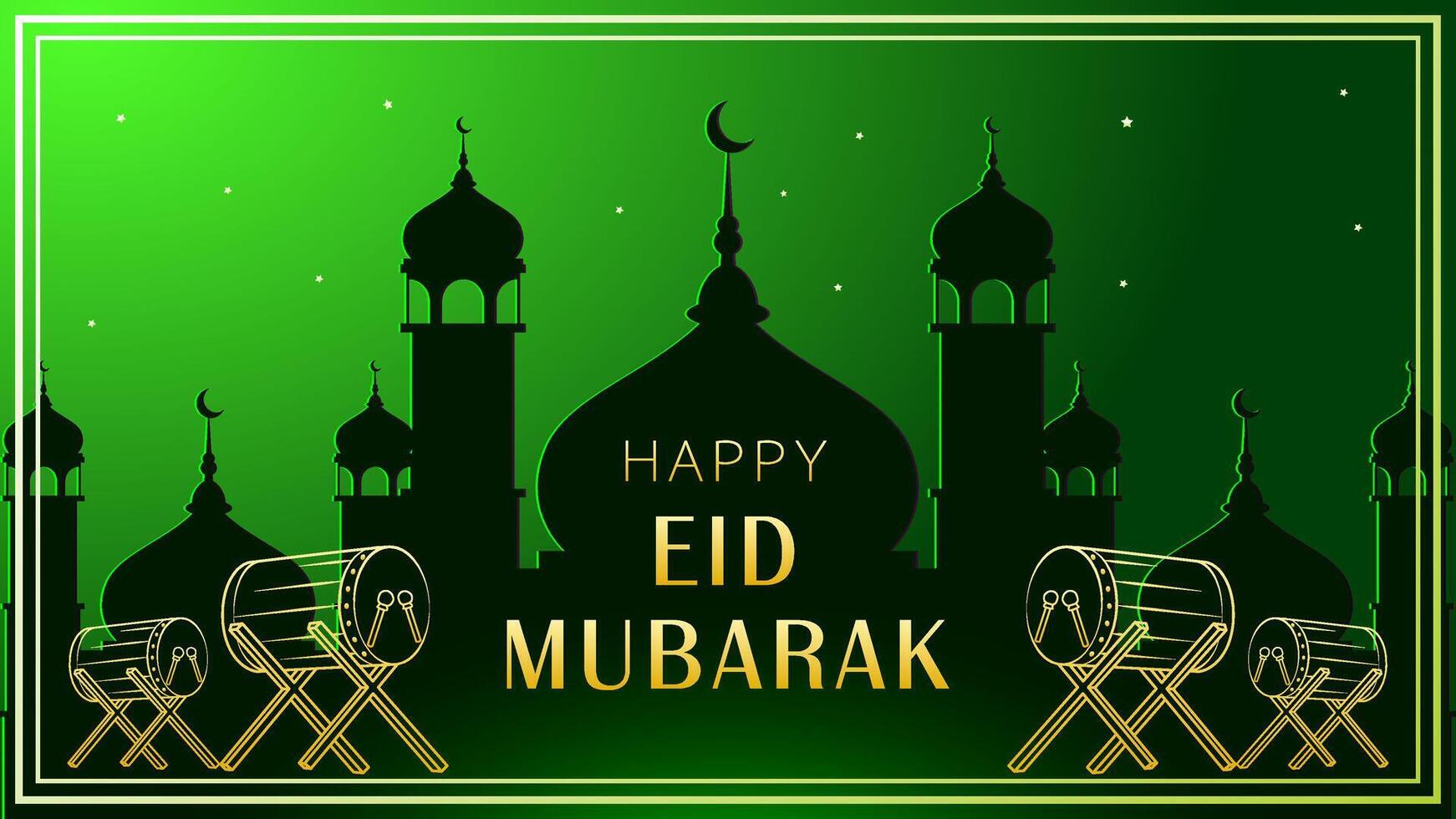 Eid Mubarak Premium Illustration Luxury Design. Green Gradient Background with Mosque and Ornate Islamic Decorations. Golden 'Happy Eid Mubarak' Design for Islamic Festivities. vector