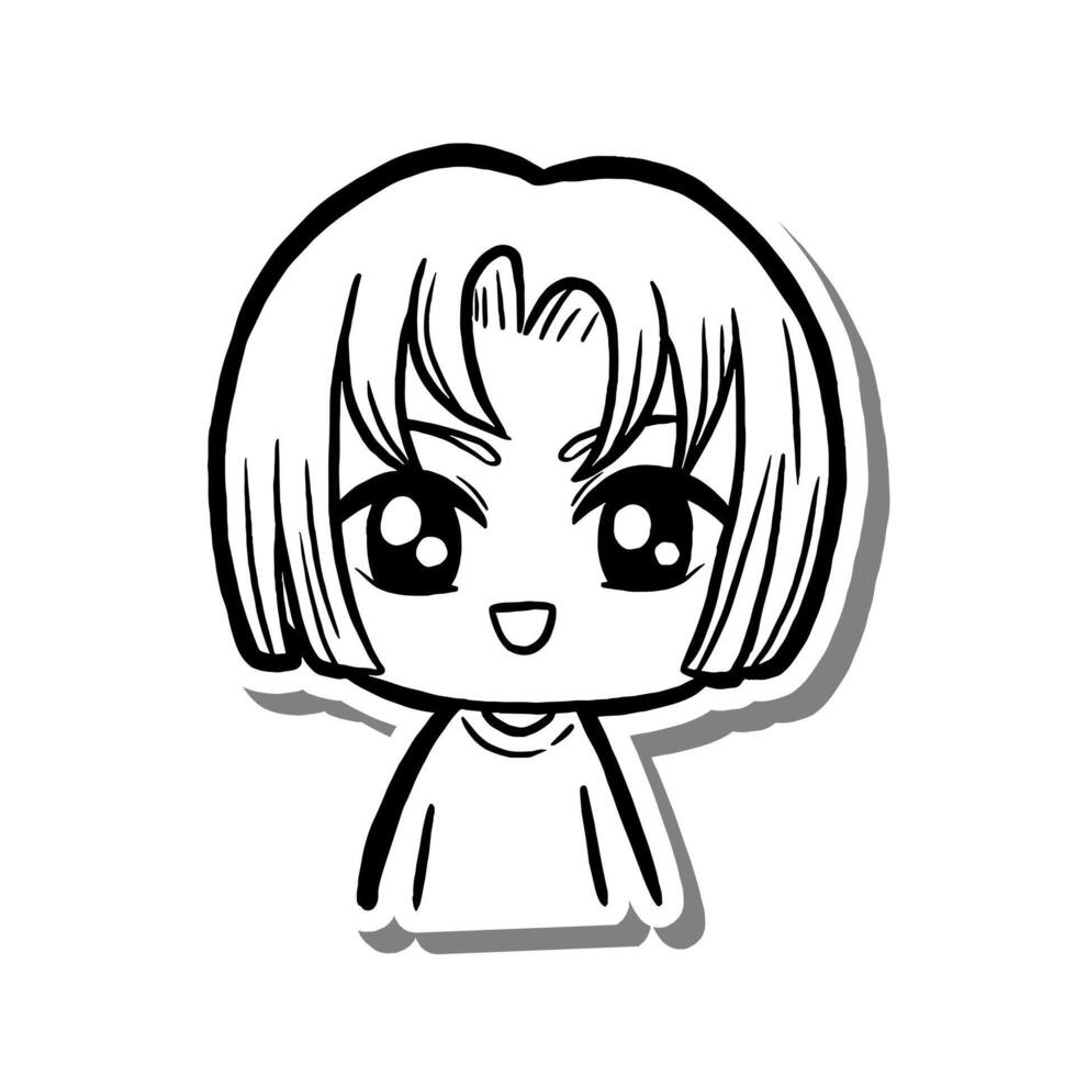 Hand Drawn Short Haired Cute Girl Outline. Illustration Human Person. vector