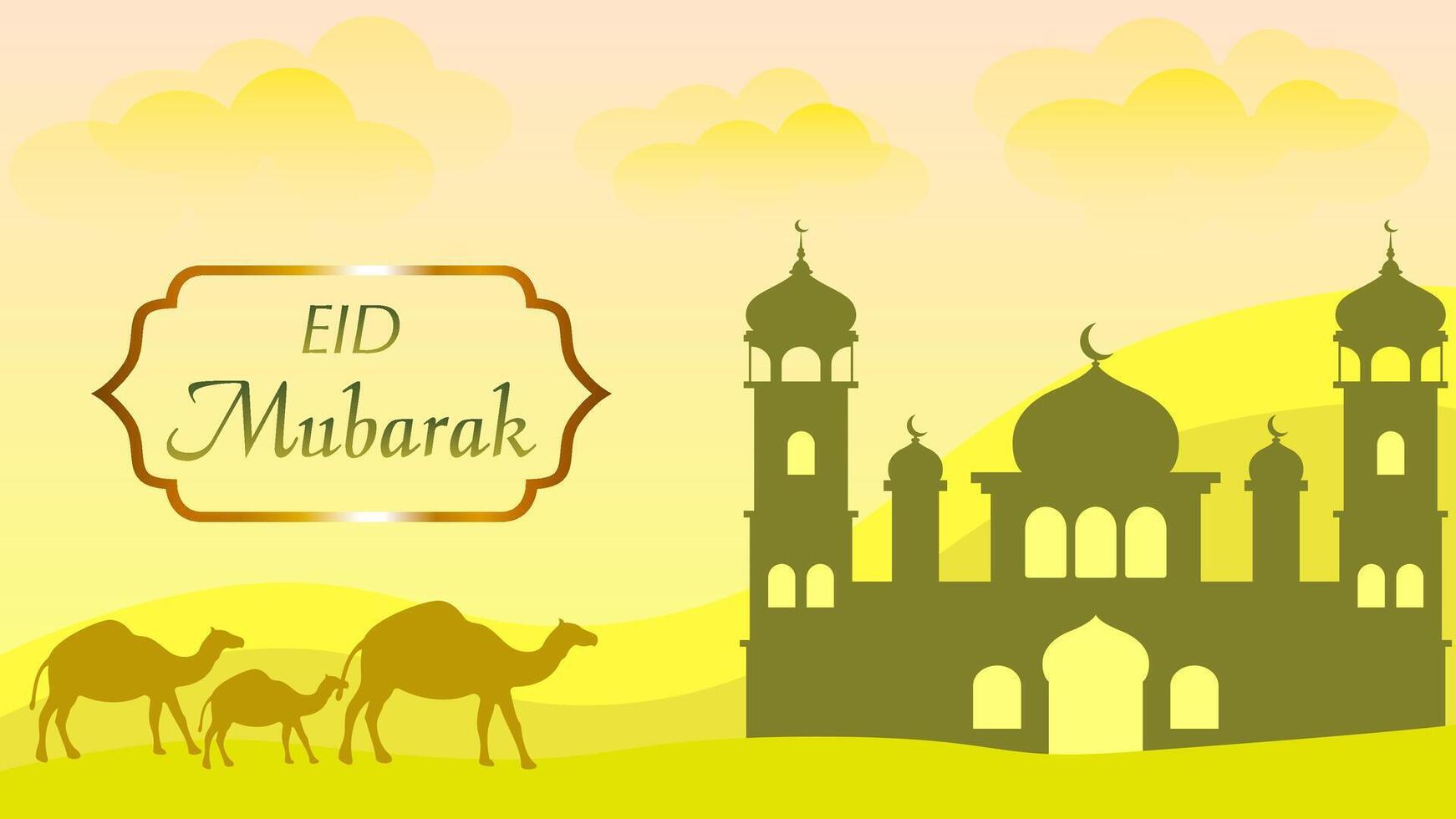 Eid Al Fitr. Mosque silhouette in the desert with camel. Mosque landscape for illustration, background or ramadan. Eid mubarak landscape for ramadan event vector