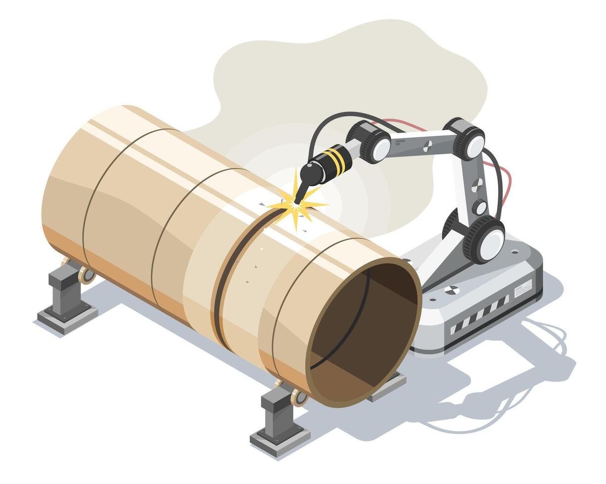 Isometric Isolated Illustration of an Industrial Robotic Arm Performing Automated Welding on a Large Metal Pipe vector
