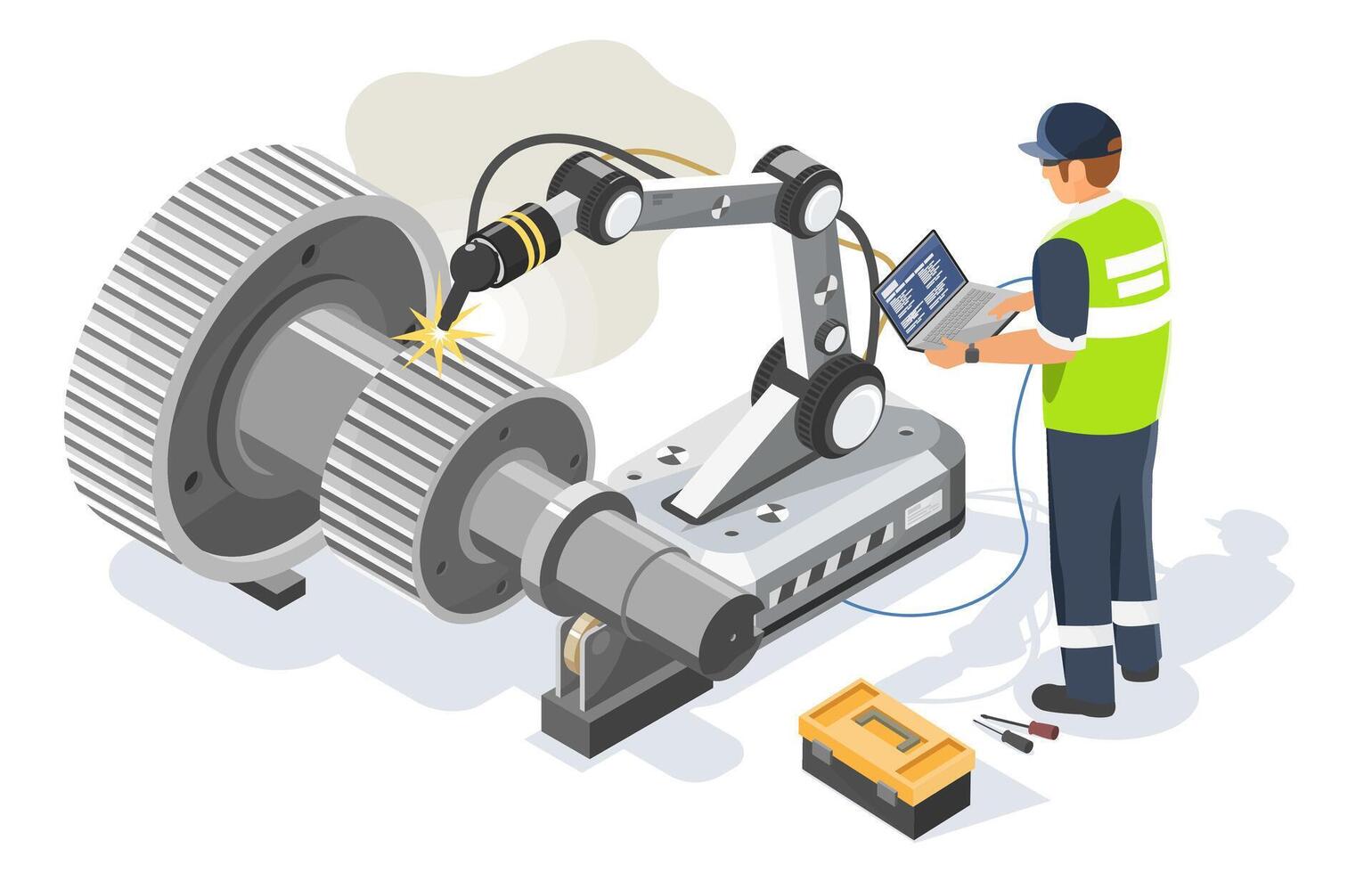Isometric Isolated Illustration of an Industrial Robotic Arm Performing Automated Welding on a Large Gear Shaft Under Engineer Supervision vector