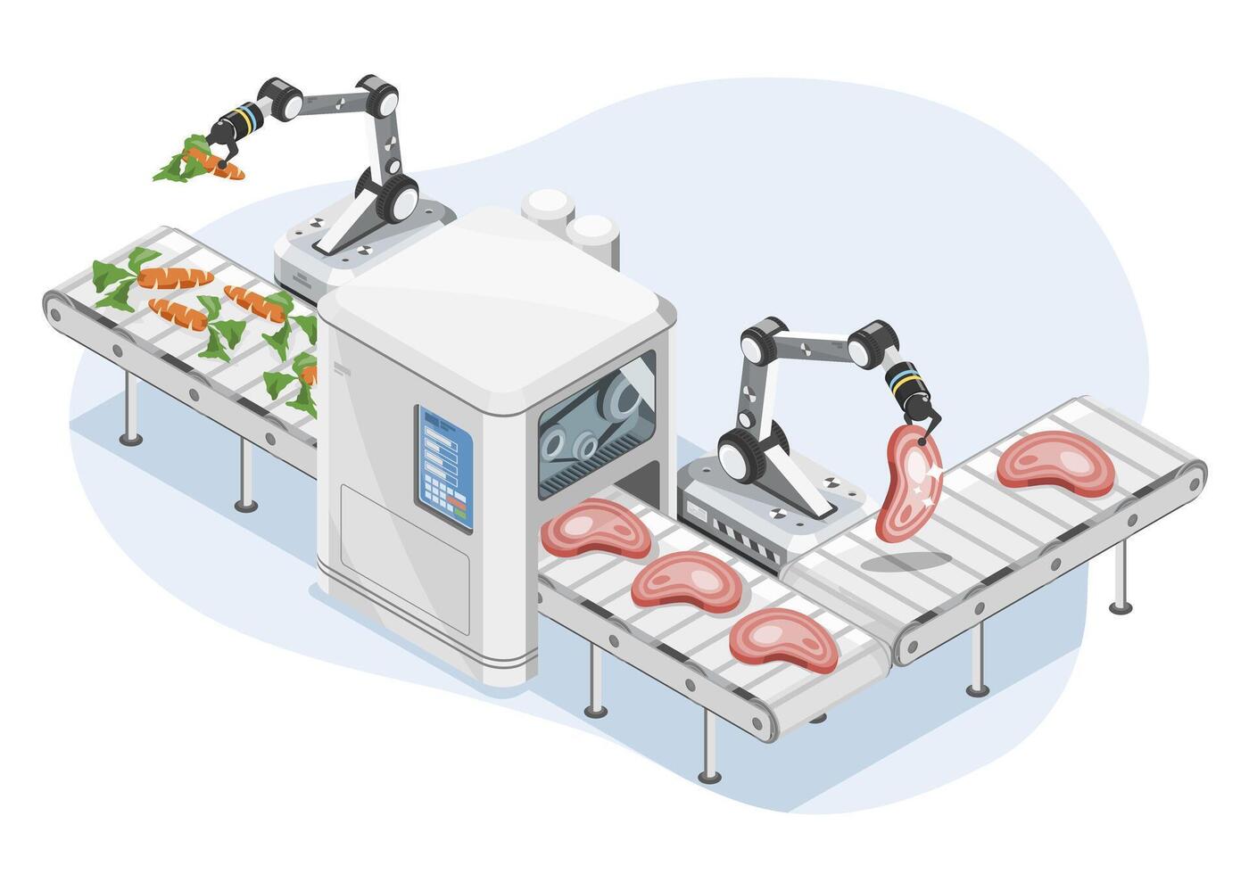 Future Plant-Based Meat Production Line with AI Robotics Processing Vegetables into Alternative Protein Products isometric cartoon vector