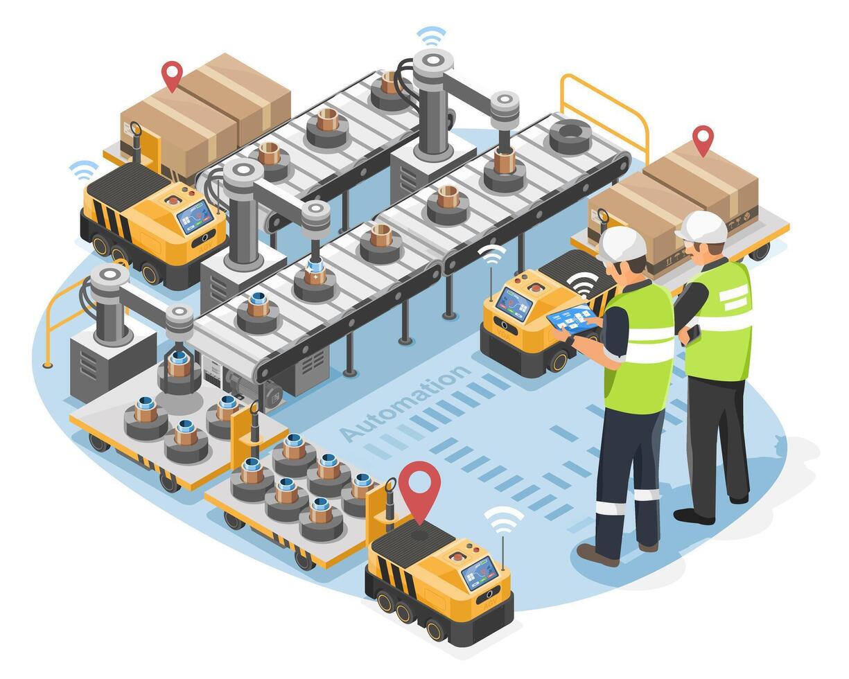 Isometric Smart Factory Automation with Engineers Monitoring AGV Robots and Conveyor System Isolated for Industry 4.0 vector