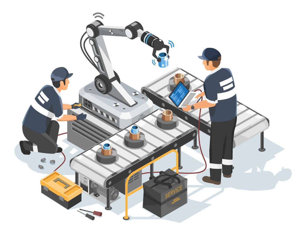 Isometric Isolated Illustration of Engineers Calibrating and Configuring an Industrial Robotic Arm on a Smart Factory Production Line vector