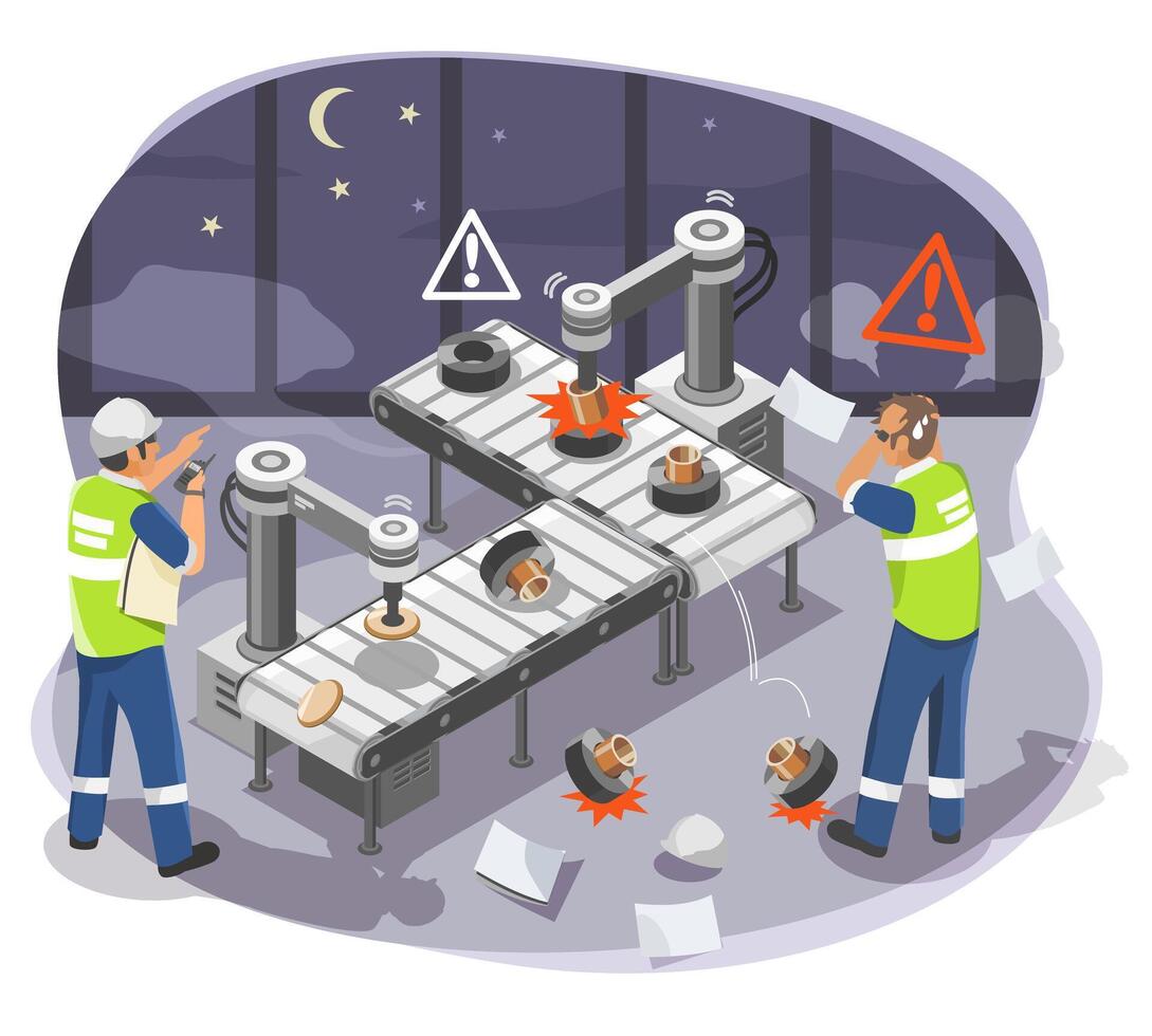 Isometric Isolated Illustration of Night Shift time Workers Handling a Robotic Malfunction on an Automated Factory Production Line human problem concept vector