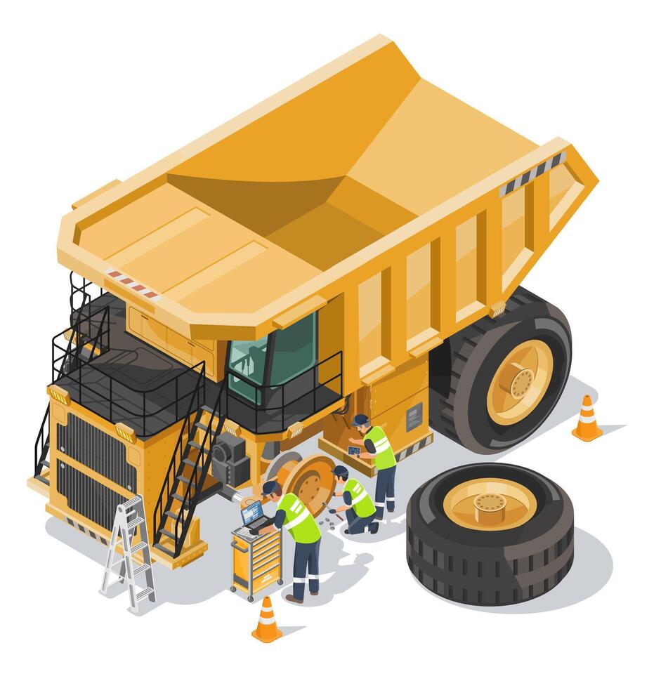 Isometric illustration of industrial workers performing engineer maintenance on a giant mining dump truck with tools and safety equipment vector