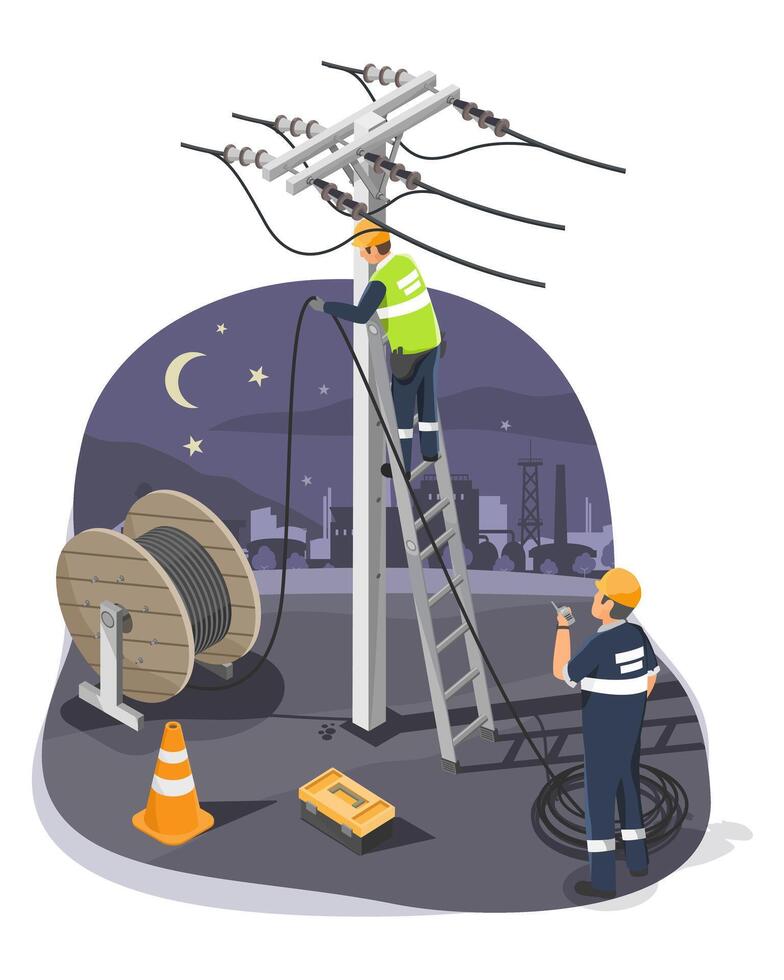 Team of Utility Workers Conducting Electrical Line Maintenance at Night in an Urban Area to Ensure Power Supply and Infrastructure Safety vector
