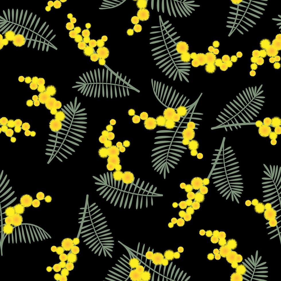 Spring seamless pattern with mimosa flowers on black background. Great for fabrics, especially for linens, wrapping papers, wallpapers, covers. vector