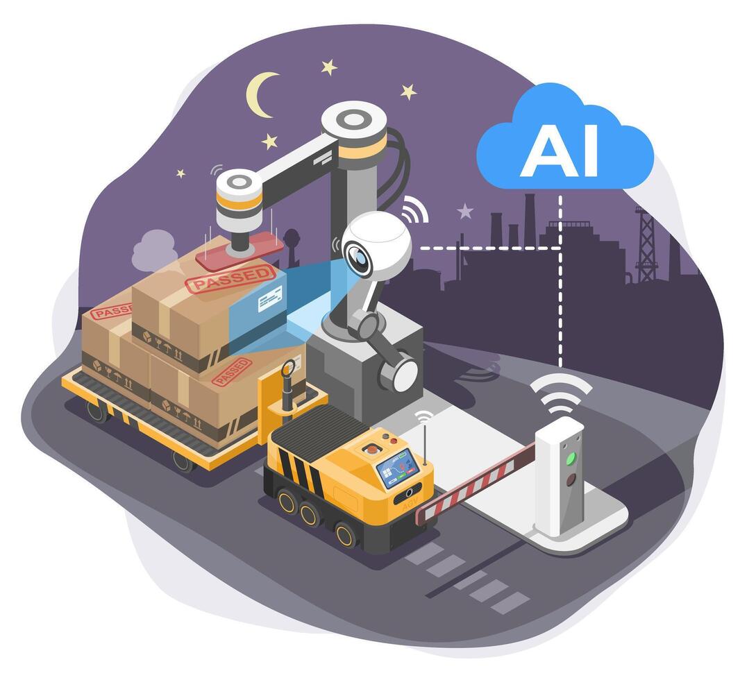 Isometric Isolated Illustration of AI-Powered Smart Logistics and Automated Package Inspection at Night in an Industrial Warehouse working no human vector