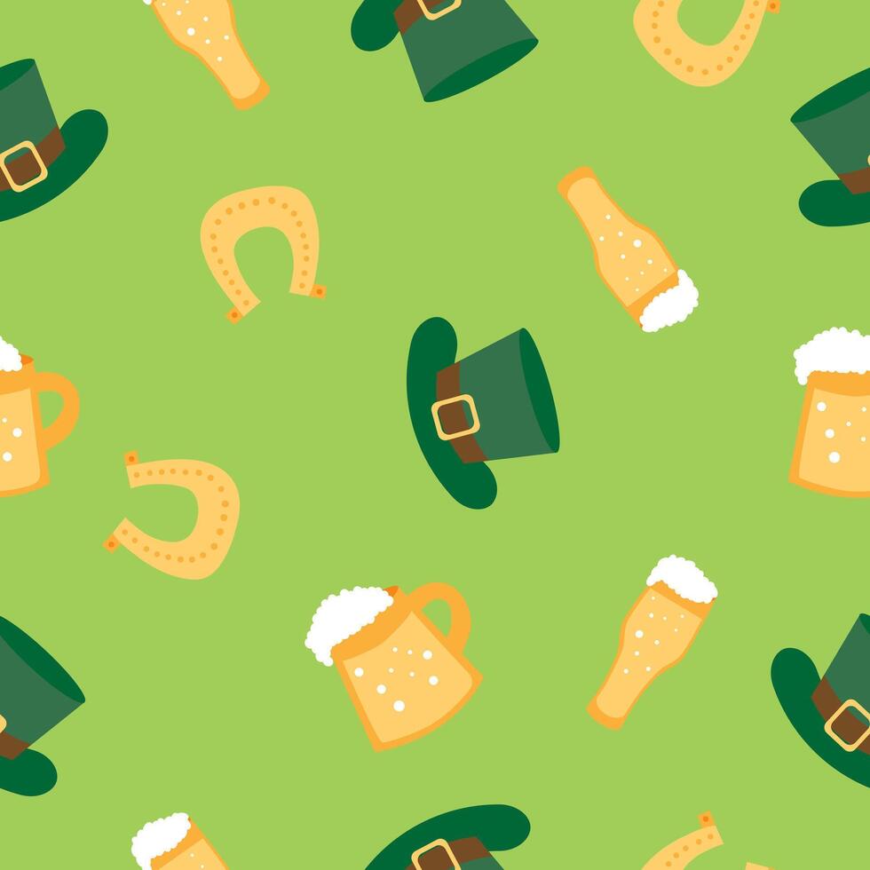 Seamless pattern St. Patrick's Day with green hat, horseshoe, beer, beer mug, glass of beer on green background. vector