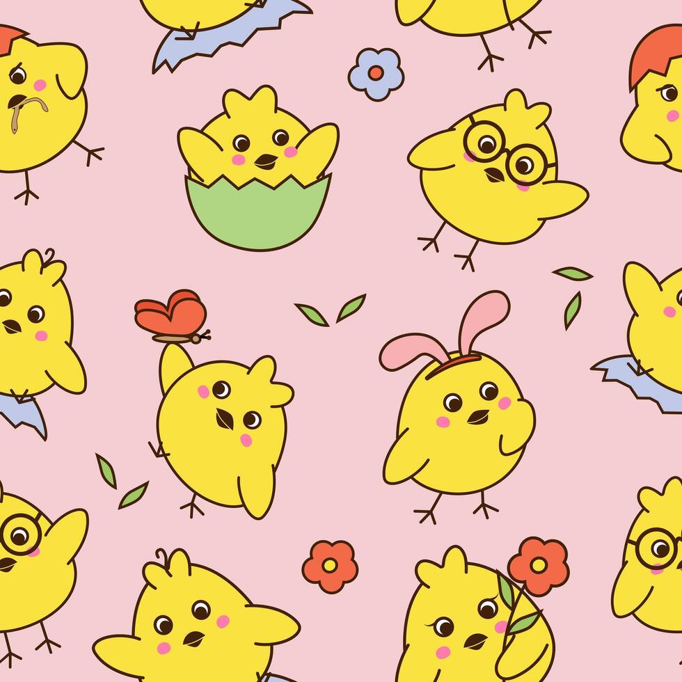 Seamless pattern with cute little chickens on pink background. vector