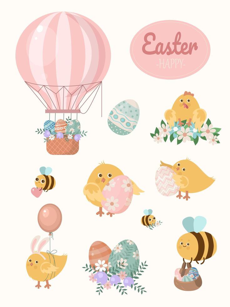 Easter stickers set with cute cartoon chicken and bee and eggs vector