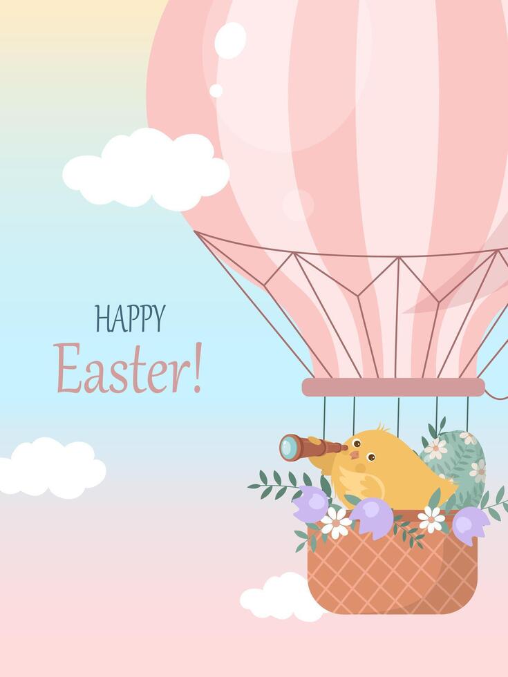 Happy easter greeting card with chicken on air balloon with eggs, flowers. vector