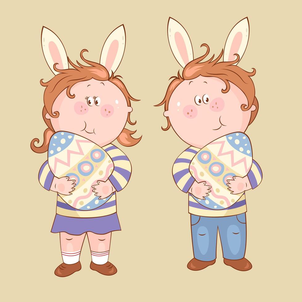 Cartoon boy and girl with Easter eggs. vector