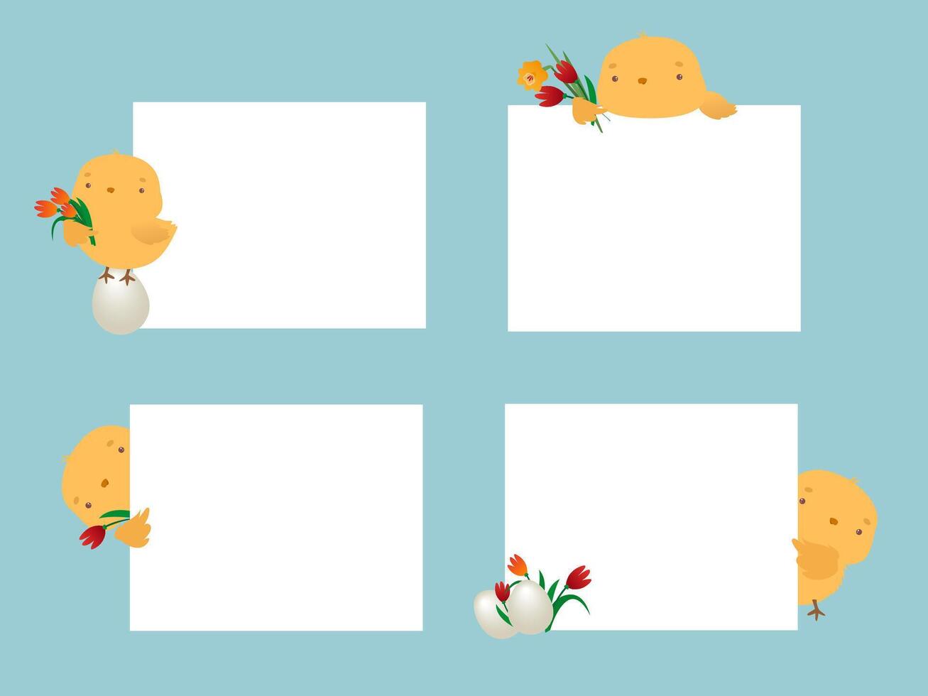 Yellow chicken with congratulate stickers. Spring photo frame with flowers chicken and eggs vector