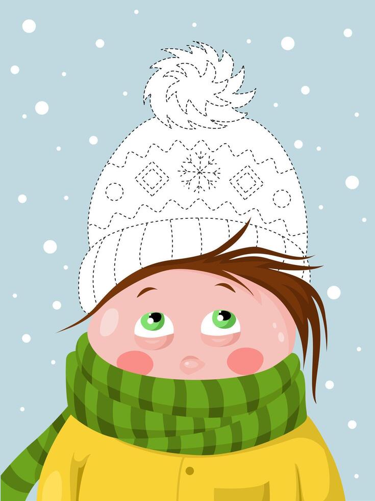 Writing practice. Writing lesson. Kid in winter hat on snowy background. Preschool education vector