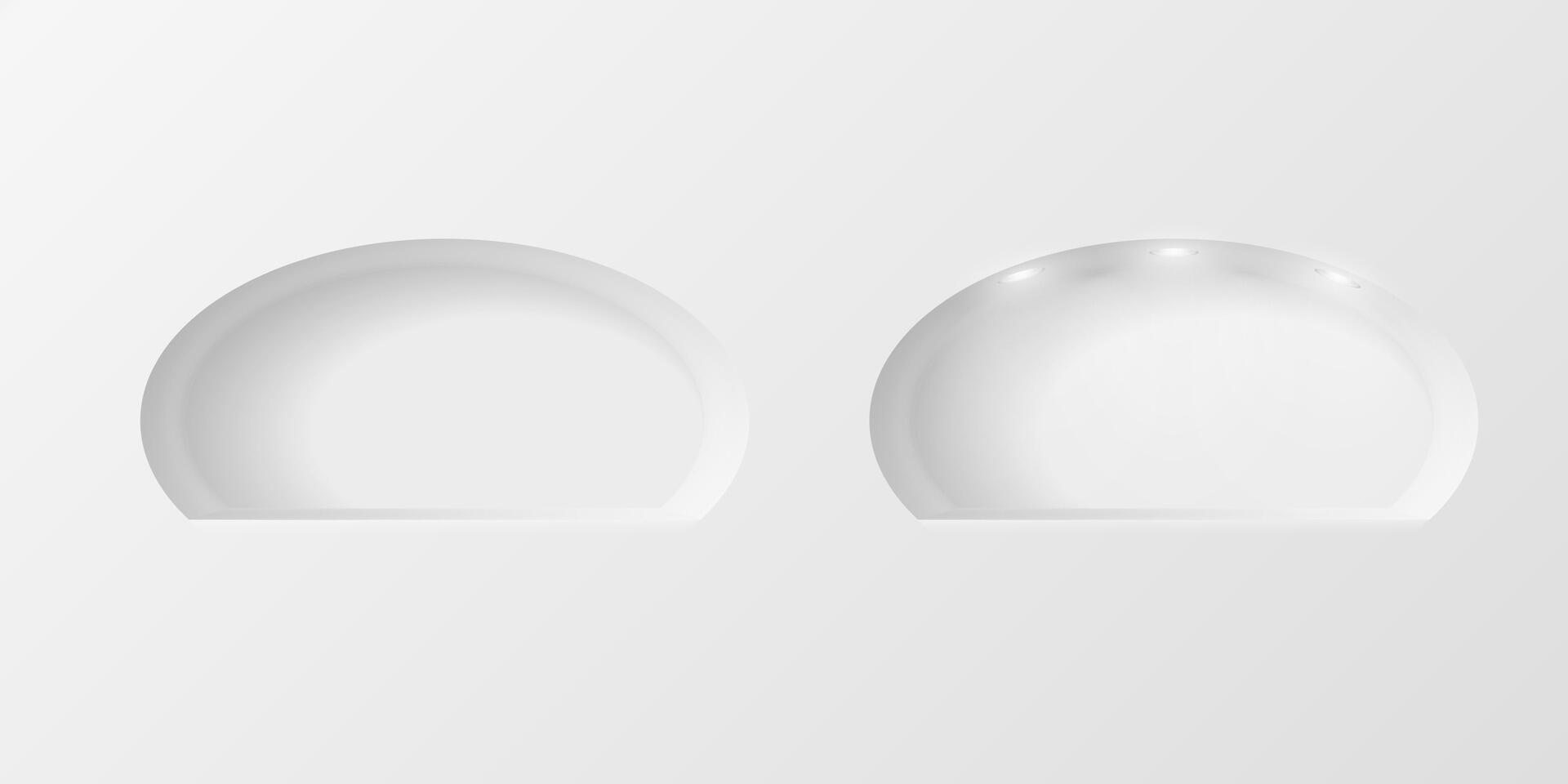 Niches in the walls, arched empty shelves of oval round shape on a light background. Space for presentation of your product. vector