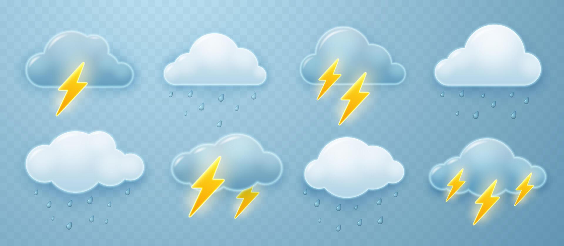 Set of 3d weather icons isolated on blue background. Light and dark clouds with raindrops and thunderstorm lightning. vector