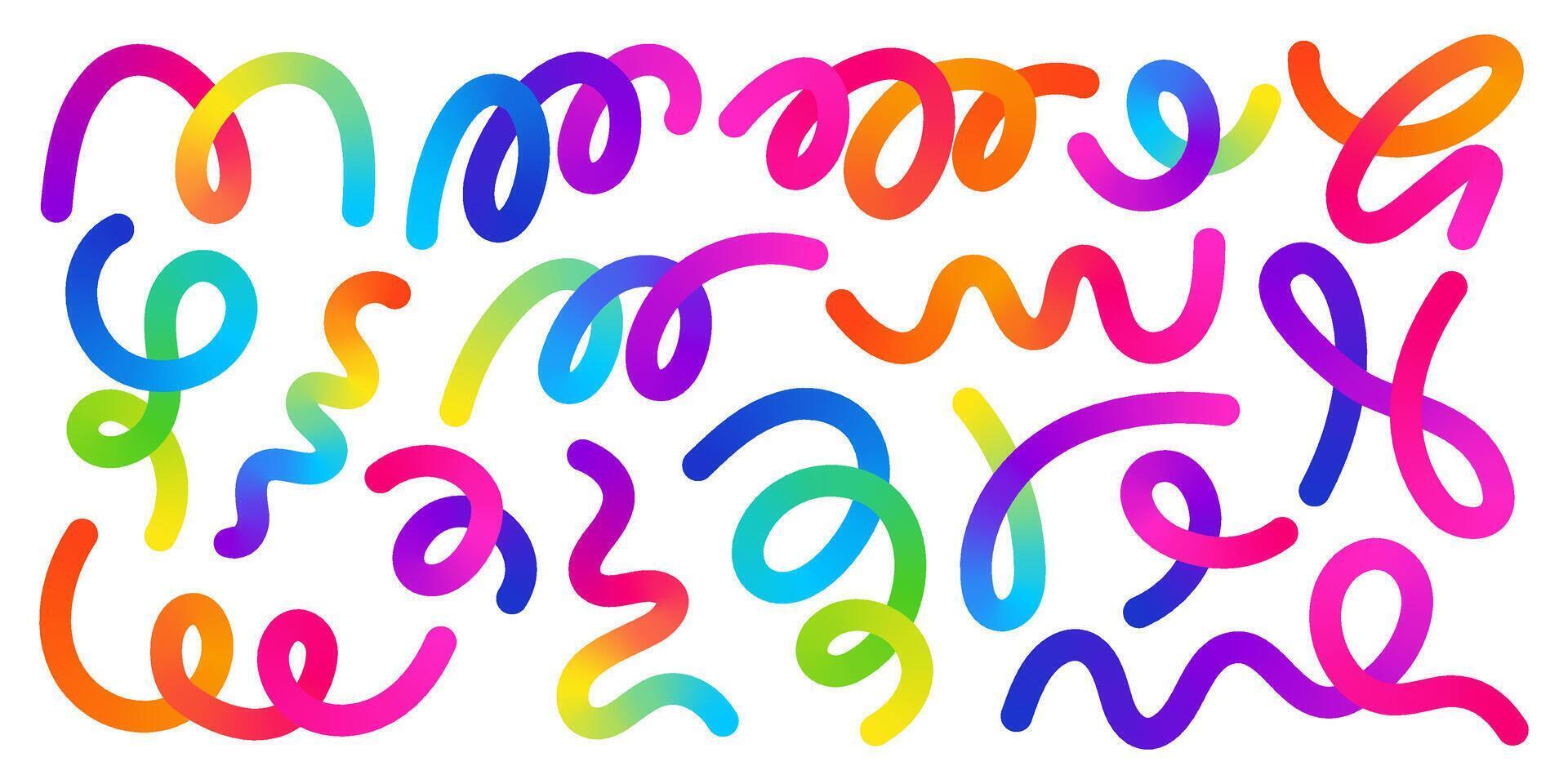 Vibrant rainbow streamers and colorful confetti. Festive serpentine for parties, celebrations, and carnival decorations. Bright 3D swirling ribbons on a white background vector