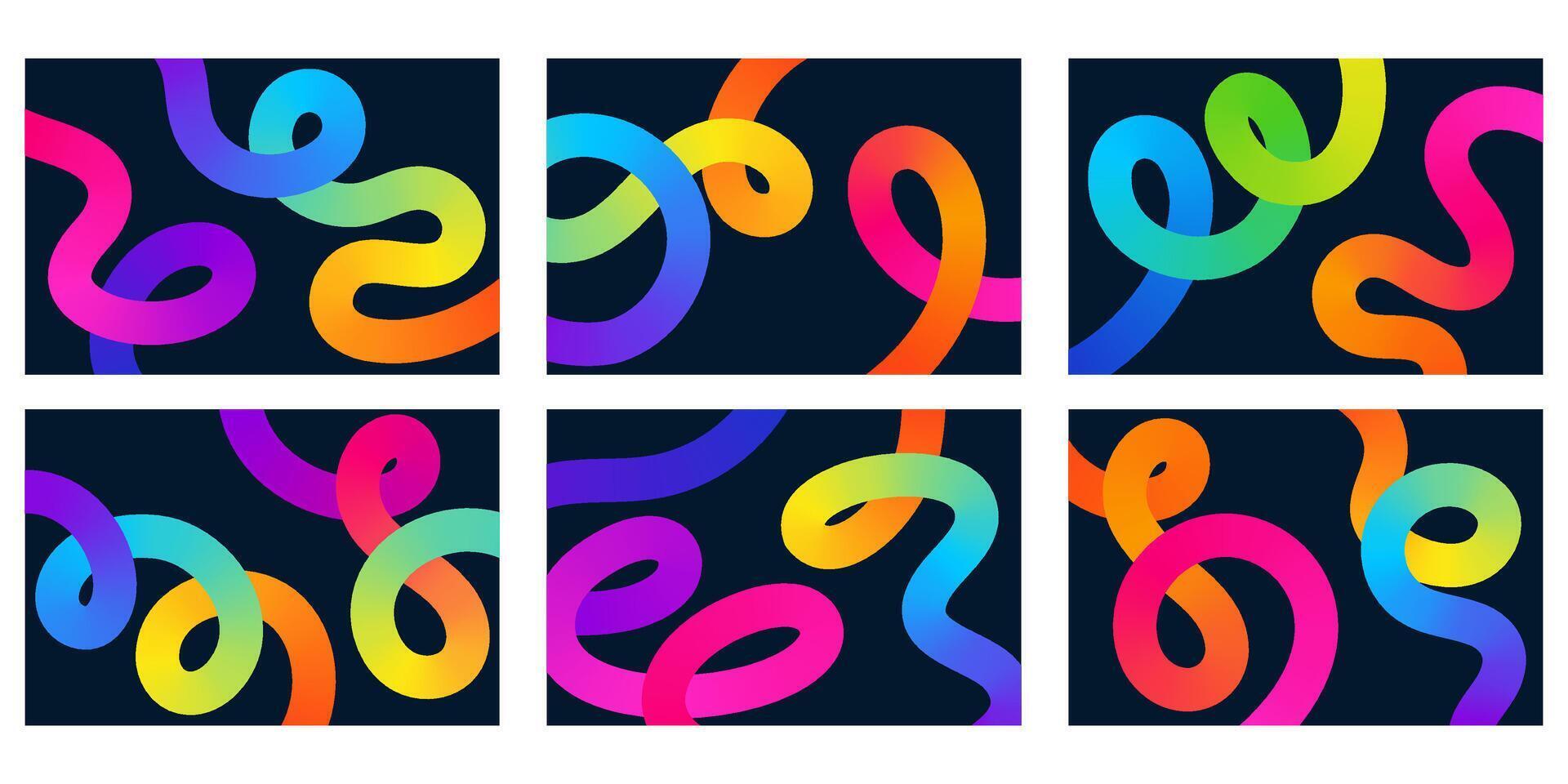 Set of bright festive streamers and swirled ribbons on a dark background. Colored 3D streamers for holidays, parties and festive decor vector