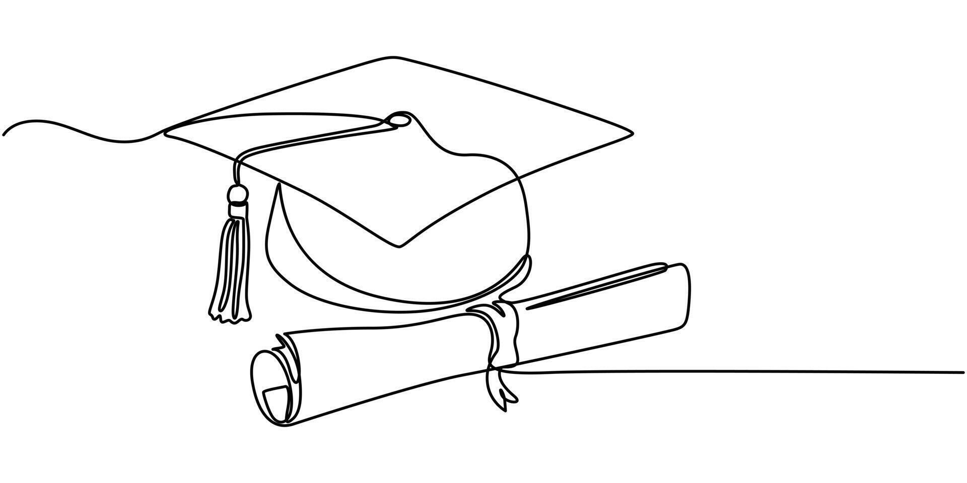 Graduation cap and scroll continuous one line drawing minimalist design vector