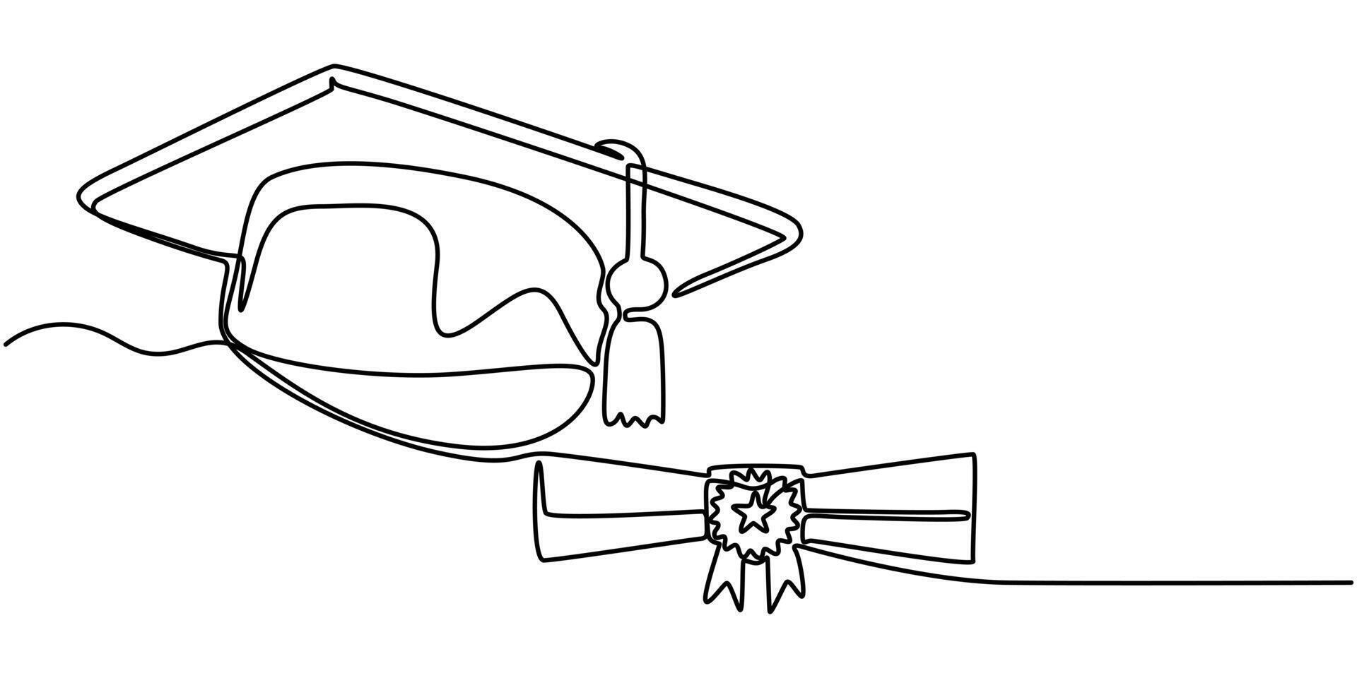 Graduation cap and rolled diploma in continuous one line drawing vector