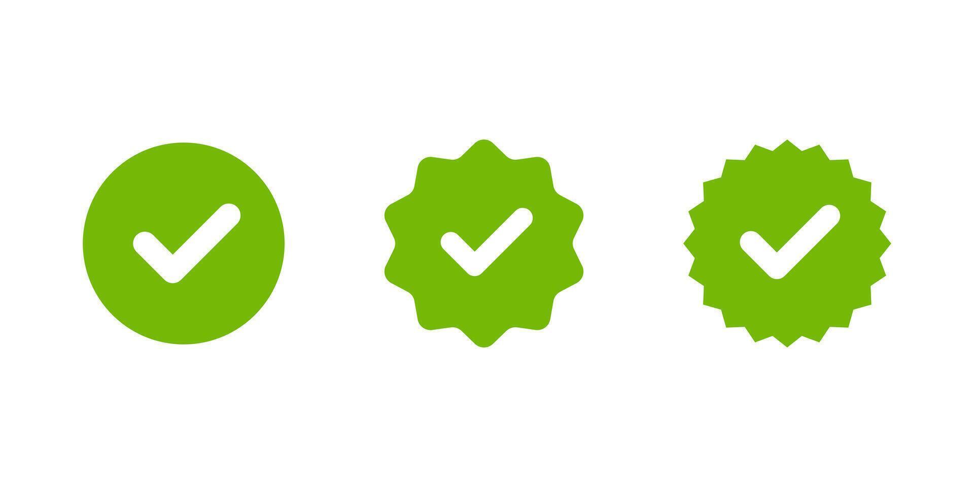 Green checkmark badge set in trendy design. Check mark certificate sign symbol. Rosette, tick concept vector
