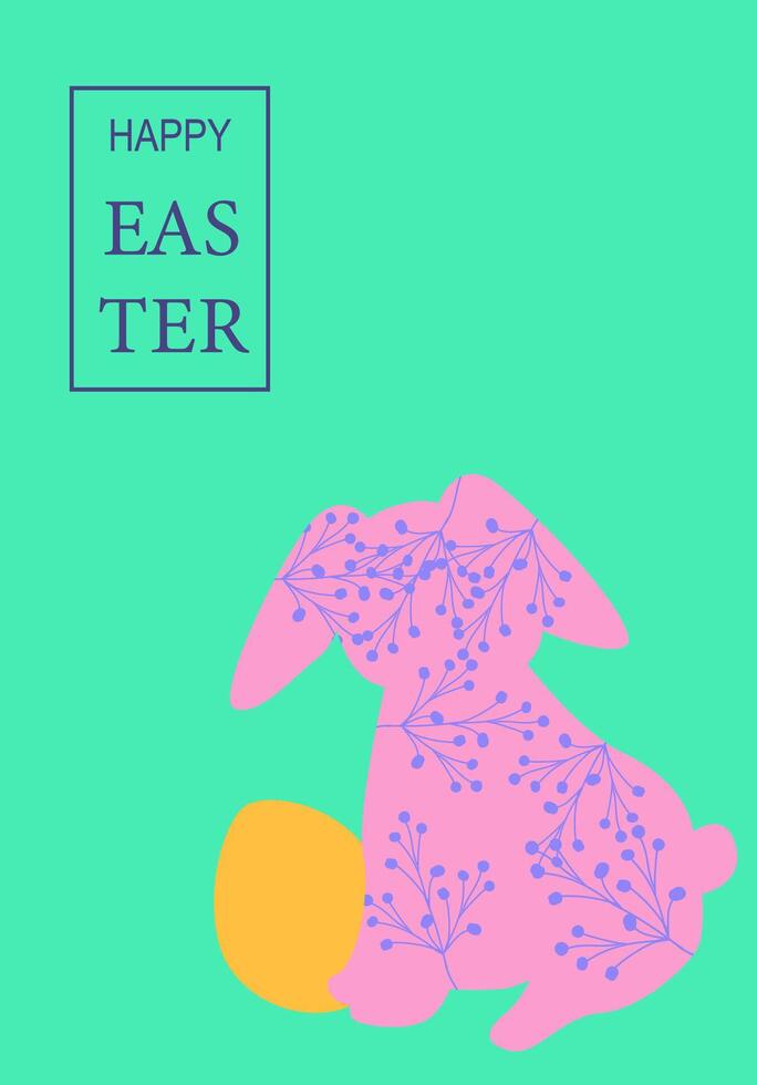 Colorful easter greeting card with floral pink bunny and golden egg vector
