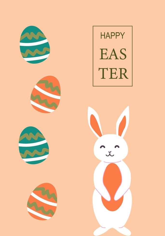 Happy easter with easter eggs and smiling bunny on peach background vector