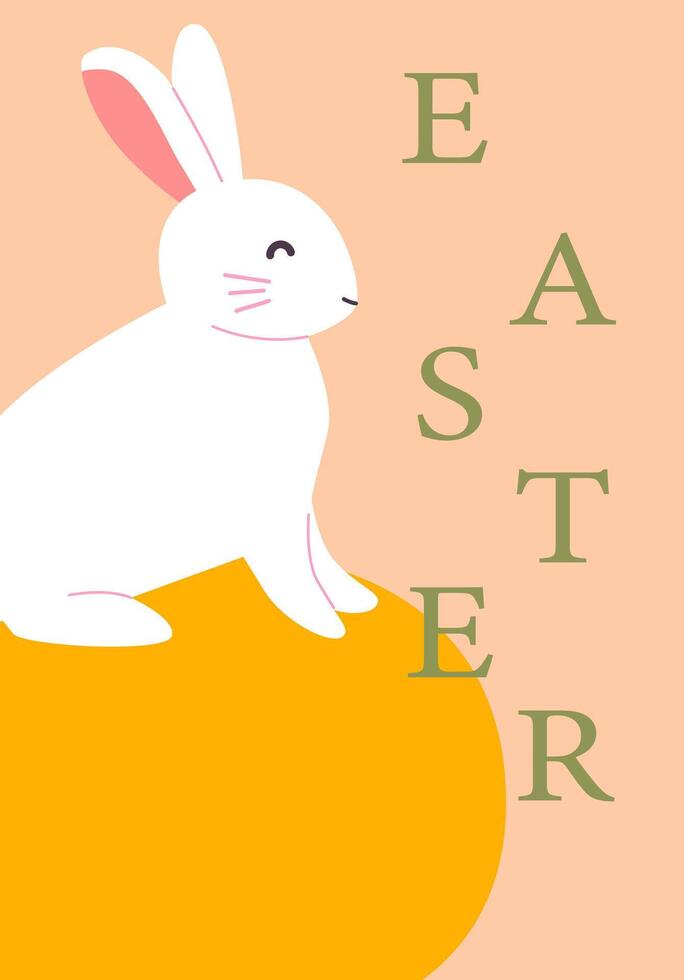 Cute easter bunny sitting on orange egg with pastel background vector
