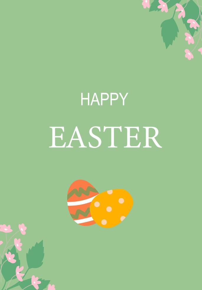 Happy easter greeting card with decorative eggs and floral corners vector