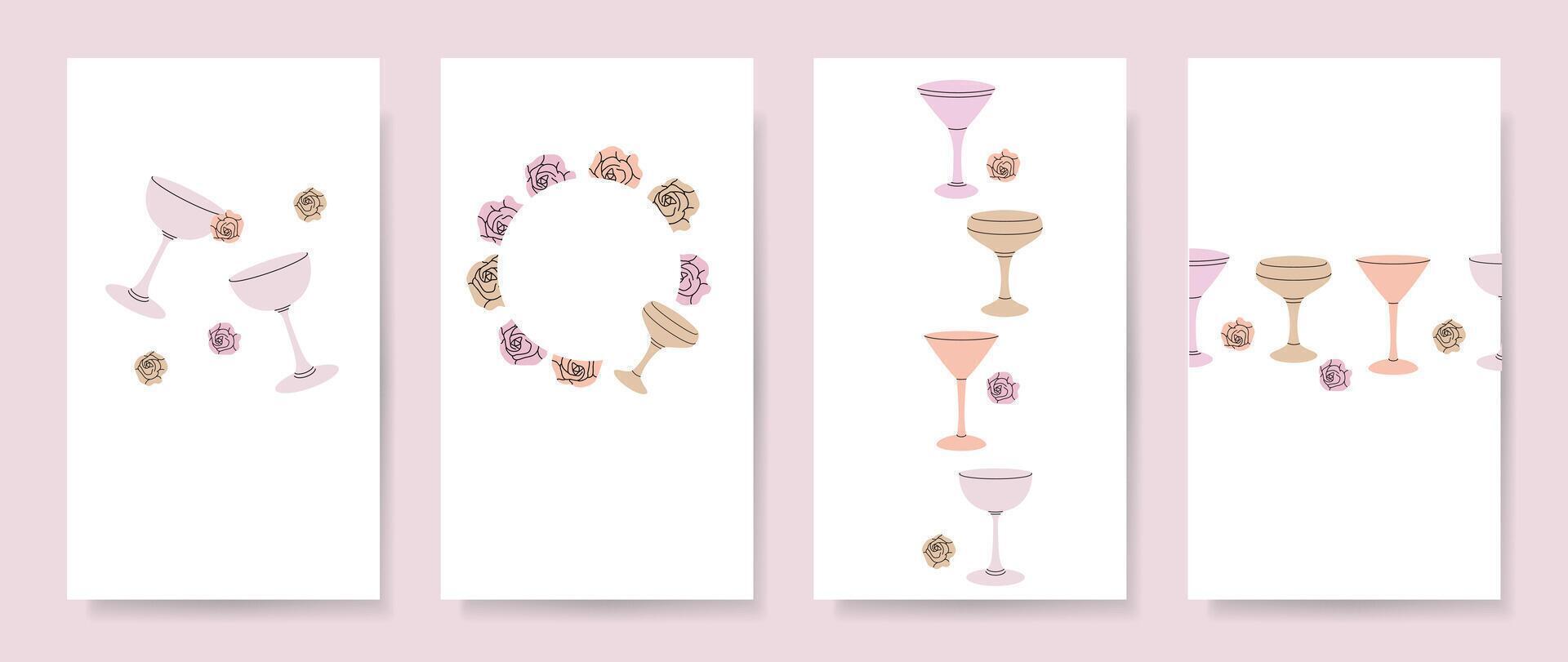 Abstract backgrounds with cocktail elements of minimal flat style and pastel colors. Editable template for social media post, card, cover, wedding invitation, poster vector