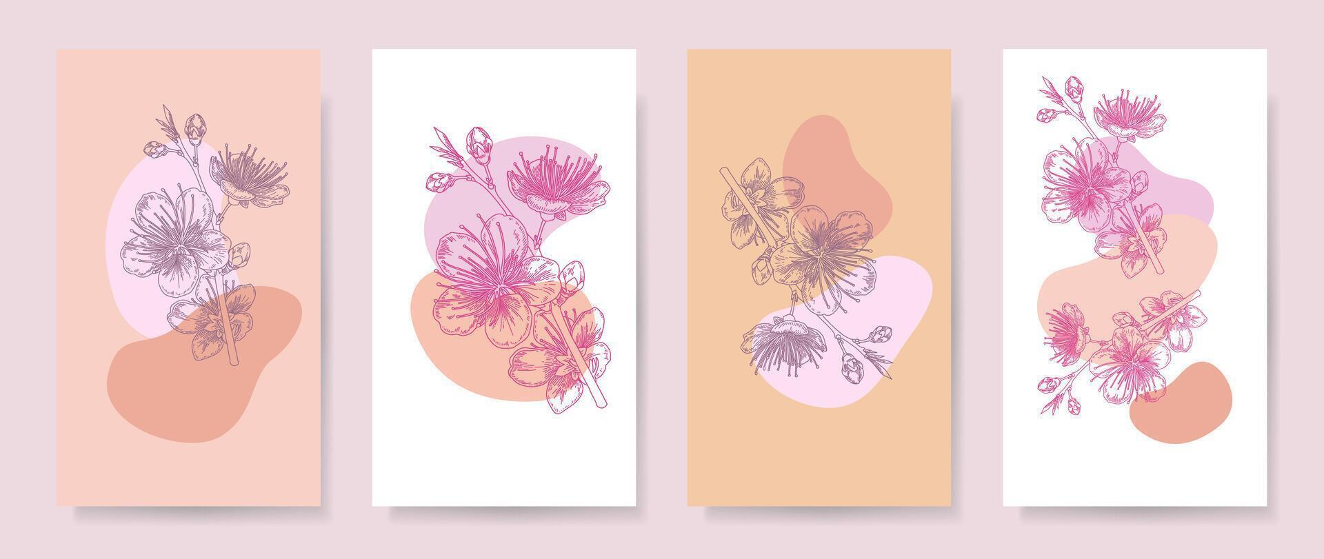 Abstract backgrounds with hand drawn spring floral elements of minimal line art in pastel colors. Design templates for card, wedding invitation, poster, flyer, banner, cover vector