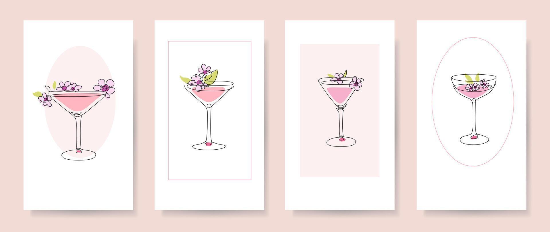 Cherry blossom cards with cocktail elements of line art style and pastel colors. Editable template for social media post, card, wedding invitation vector