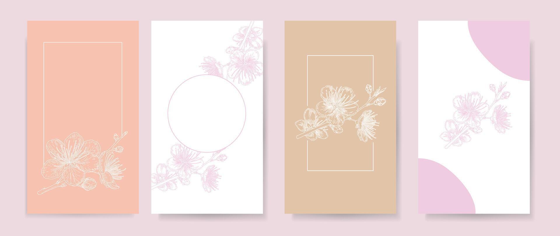 Abstract backgrounds with hand drawn spring floral elements of minimal line art in pastel colors. Design templates for card, wedding invitation, poster, flyer, social media post, banner, cover vector